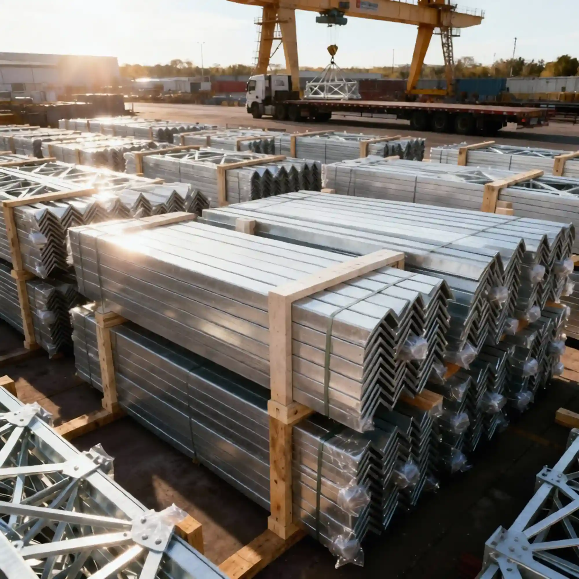 Minyi Steel Tower galvanized components on pallets with gantry crane