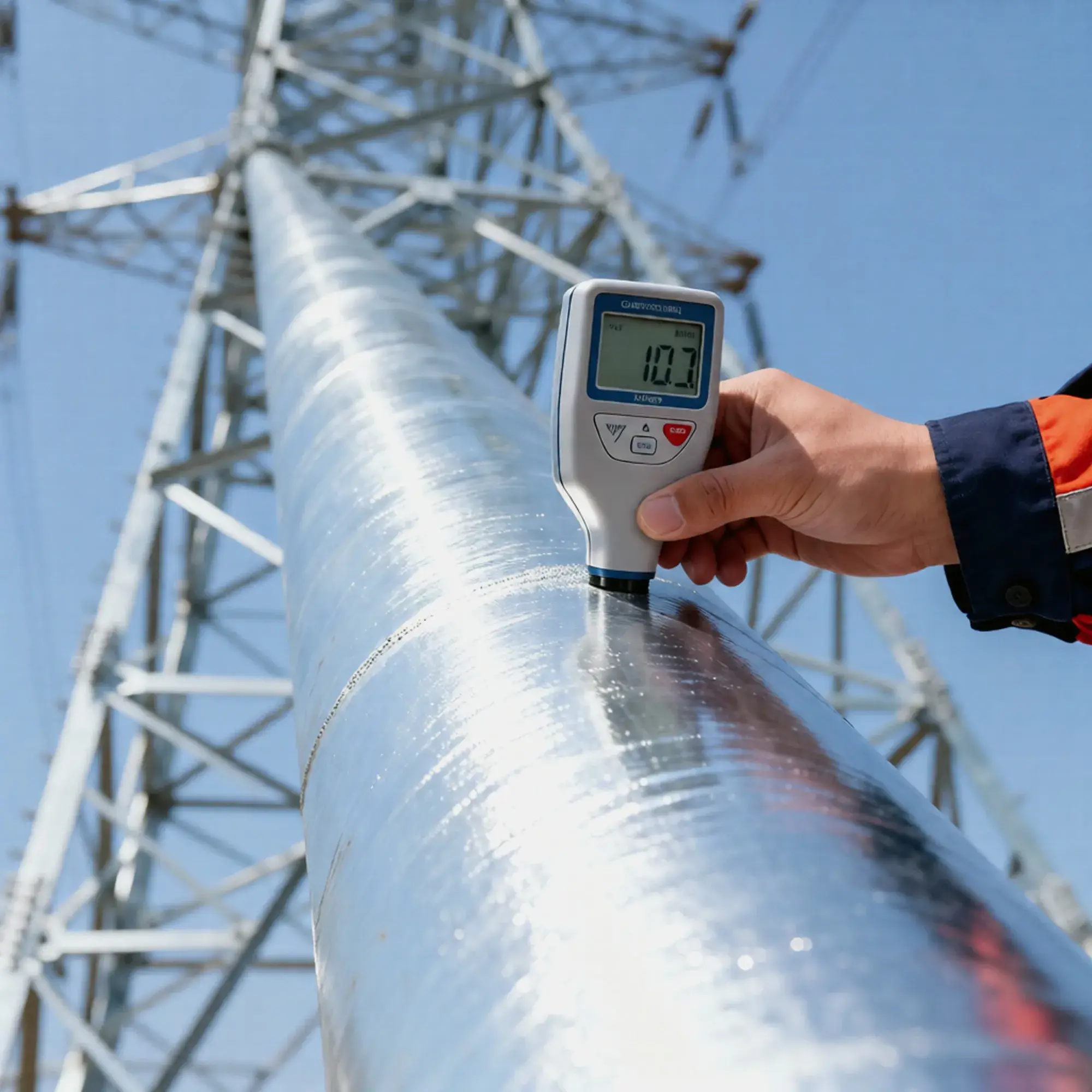 Minyi Steel Tower worker using ultrasonic gauge on metal beam