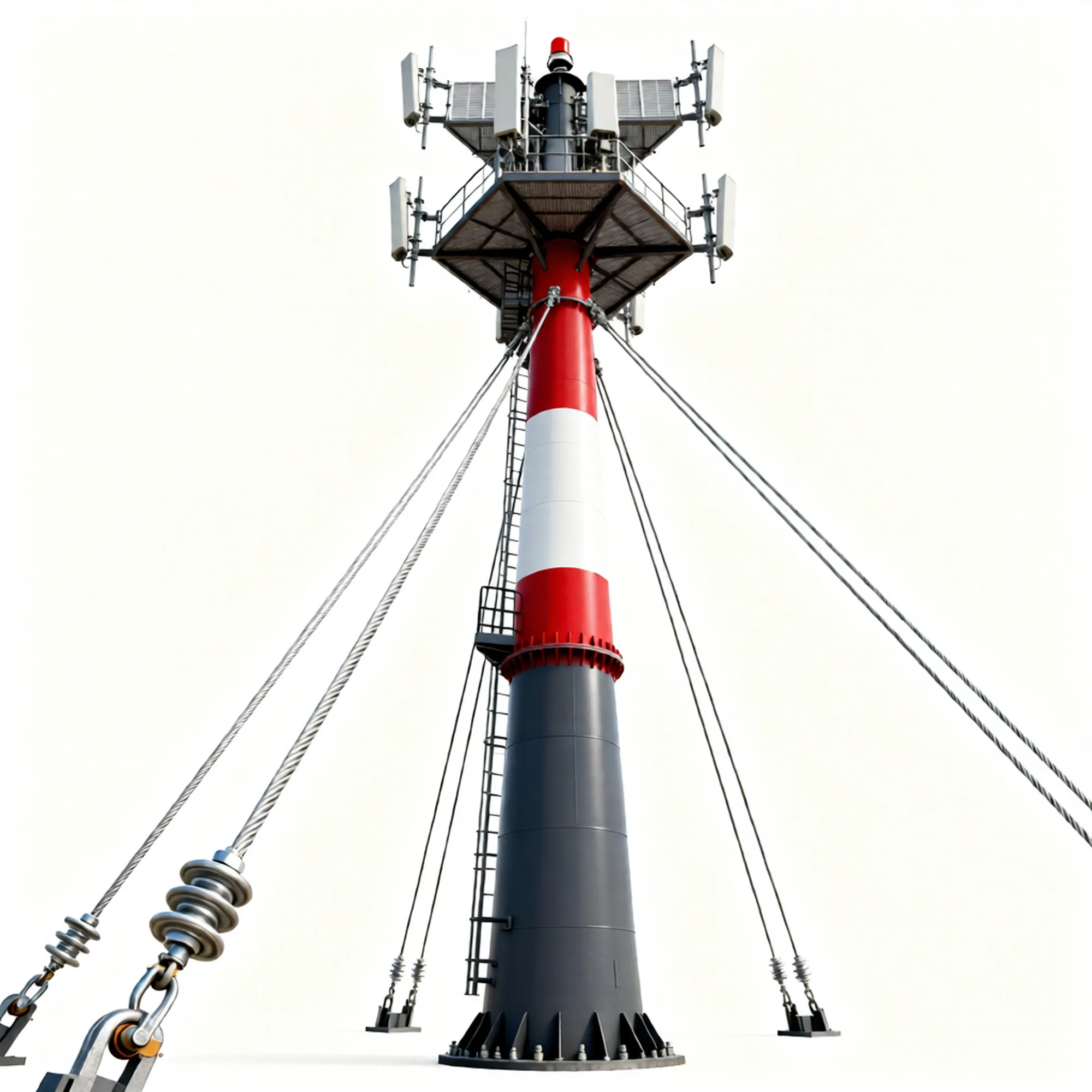 Minyi Steel Tower Guyed Mast with red, white, and gray lattice