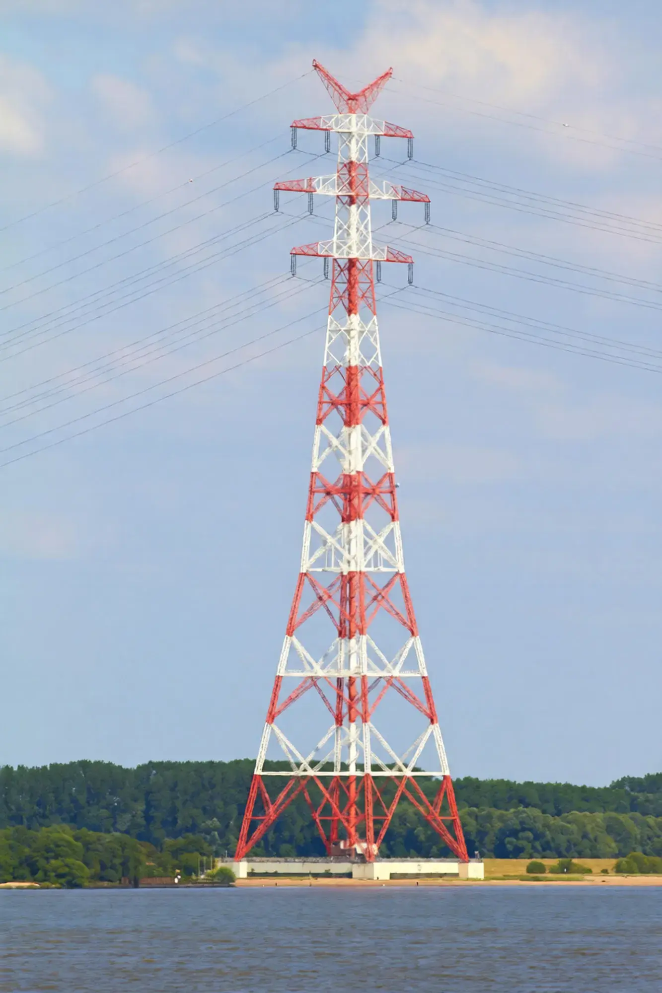 Minyi Steel Tower red and white Lattice Towers by water